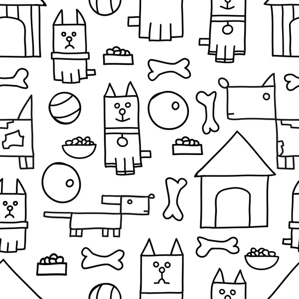 Köpeklerle Doodle vektör seamless modeli. Beyaz ve siyah çizilmiş çizgiyi sanat duvar kağıtları, tekstil, kumaş, Hediyelik eşya, baskı, ambalaj ve tebrik kartları için el.