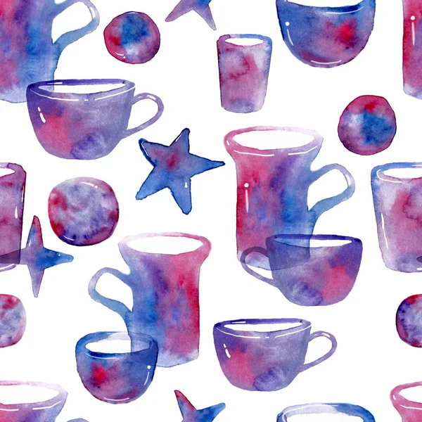 Cups ile sorunsuz arka plan deseni. Dijital ve suluboya tekniği.