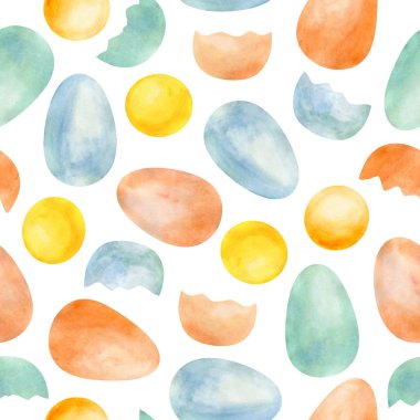  Sulu boya Dikişsiz desen yumurta, yumurta kabuğu, farklı pozisyonlarda Paskalya için beyaz arka planda sarısı tatil tasarım.