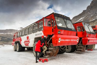 Columbia Icefield, Alberta, Kanada - Haziran 2018: büyük bir tırmanma turist altı amaca uygun yapılmış araç Columbia Icefield Alberta, Kanada içinde Athabasca buzul üzerinde tekerlek.