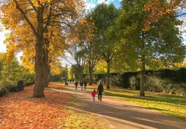 Cardiff, Galler - Ekim 2018: Baba ve oğul Bute parktan ağaçlarda ve yere sonbahar renkleri ile Cardiff şehir merkezinde yürüyüş.