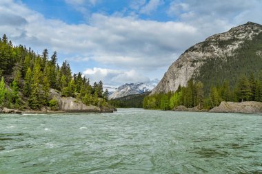 Banff, Ab, Kanada - Haziran 2018: Manzaralı Bow Nehri Banff akar.