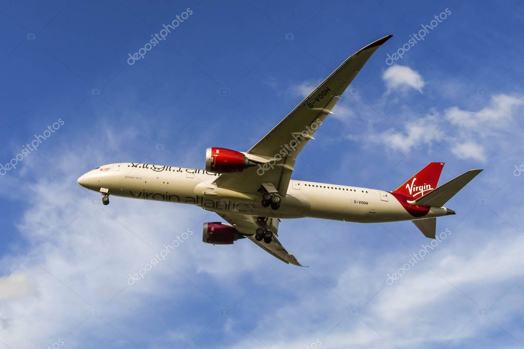 LONDON, ENGLAND - NOVEMBER 2018: Virgin Atlantic Boeing 787 Dreamliner jet about to land at London Heathrow Airport.