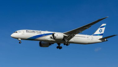 LONDON, ENGLAND - NOVEMBER 2018: El Al Boeing 787 Dreamliner jet about to land at London Heathrow Airport. clipart