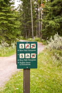 Banff, İngiltere - Mayıs 2018: yay Falls bakış açısı için yol gösteren ziyaretçiler işareti ile birlikte bir patika Banff içinde.