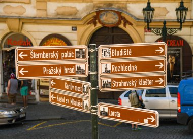 Prague, Çek Cumhuriyeti - Temmuz 2018: turist bilgi işareti Prag şehir merkezinde kentin yerler adres tarifi gösterilen.