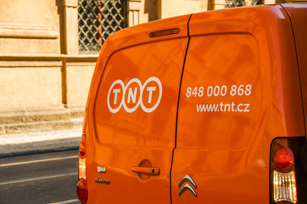 PRAGUE, CZECH REPUBLIC - JULY 2018: Rear door of a TNT delivery van parked on a street in Prague city centre.