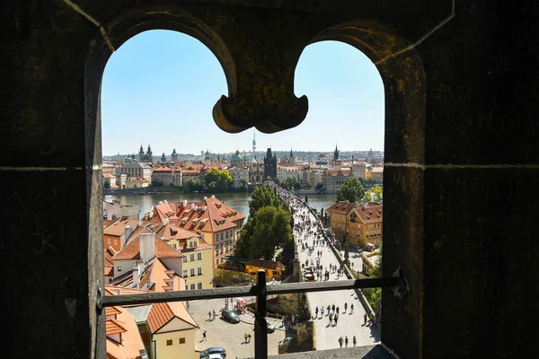 Prag Tjeckien Juli 2018 Flygfoto Över Karlsbron Prag Som Ramas — Stockfoto