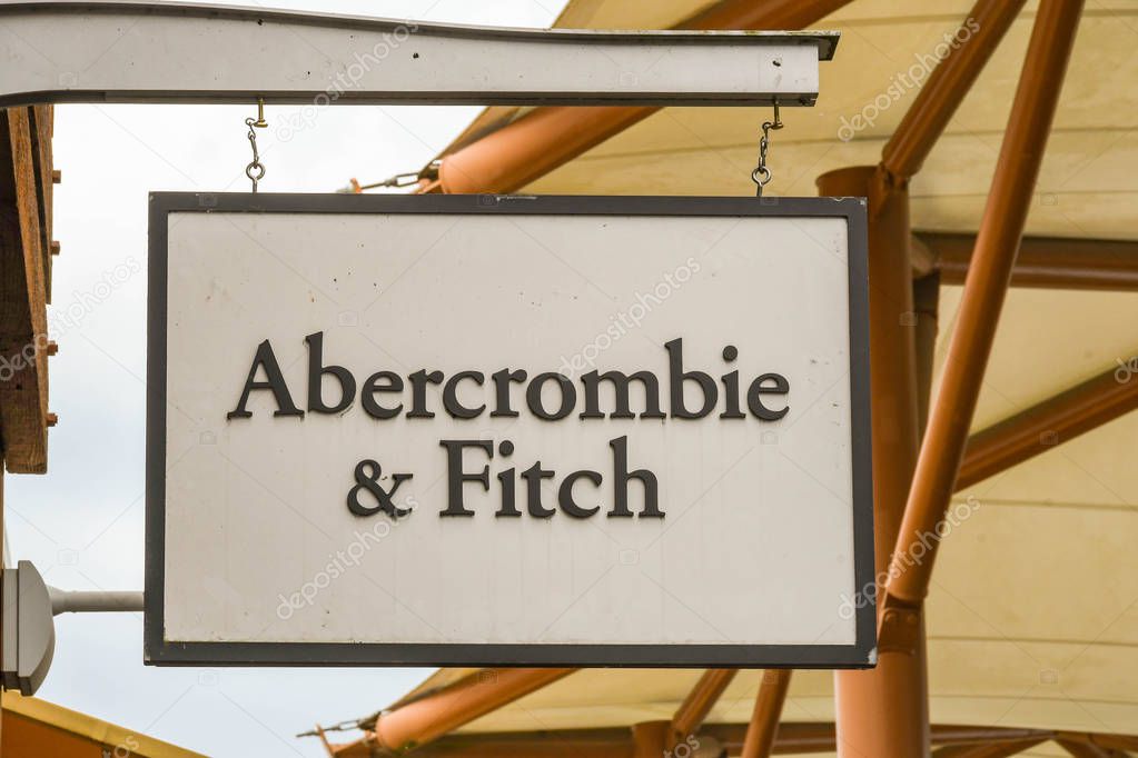 SEATTLE, WA, USA - JUNE 2018: Close up view of a sign outside the Abercrombie & Fitch factory store at the Premium Outlets shopping mall in Tulalip near Seattle.