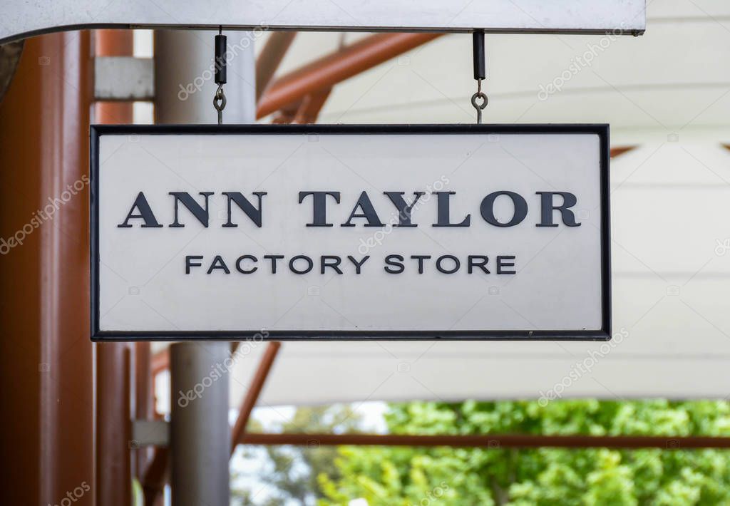 SEATTLE, WA, USA - JUNE 2018: Close up view of a sign outside the Ann Tayloe store at the Premium Outlets shopping mall in Tulalip near Seattle.