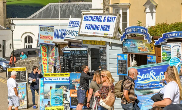 Tenby Pembrokeshire Wales August 2018 People Looking Signs Information Fishing — Stock Photo, Image