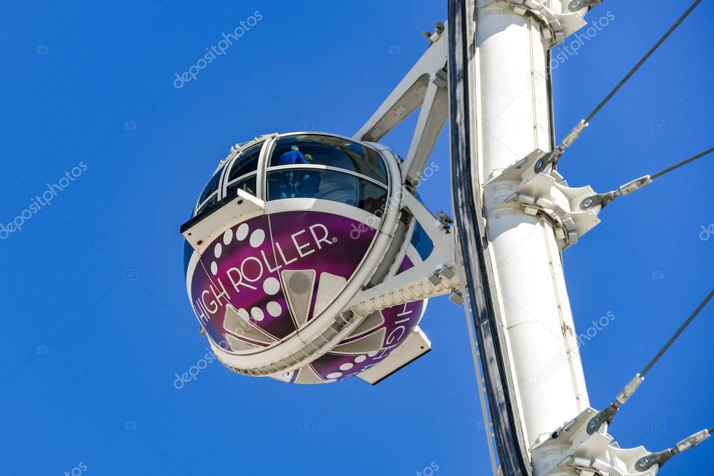 LAS VEGAS, NEVADA - FEBRUARY 2019: Close up view of a capsule on the High Roller giant wheel ride against a blue sky. It is a landmark and major tourist attraction in Las Vegas.