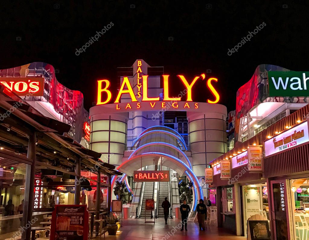 LAS VEGAS, NV, USA - FEBRUARY 2019: Entrance to Bally's Hotel on the Las Vegas Strip lit up at night.