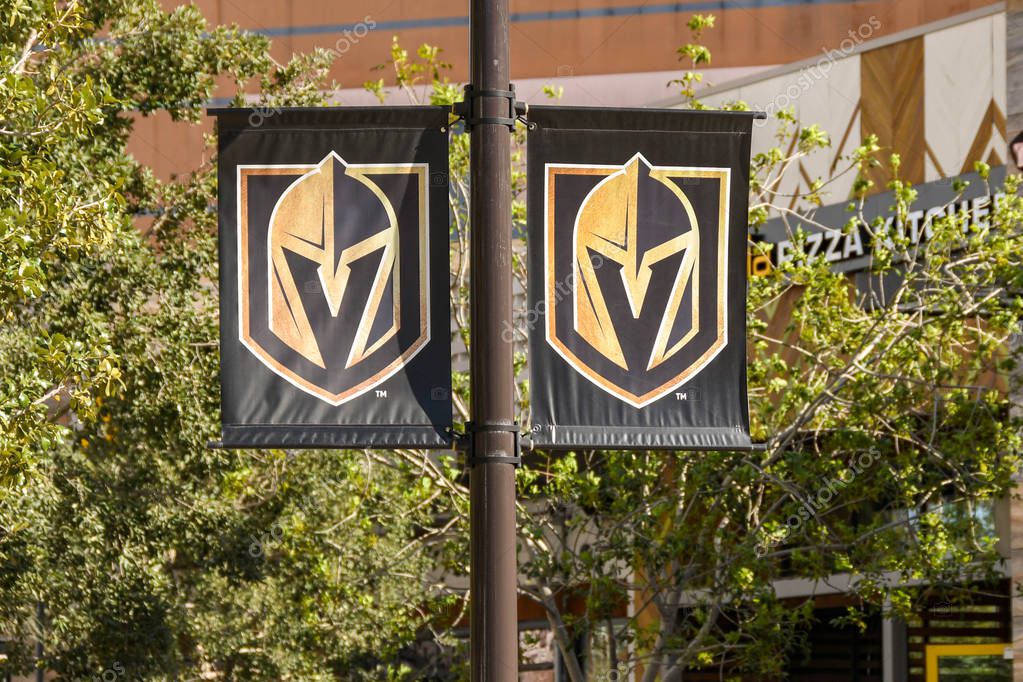 LAS VEGAS, NV, USA - FEBRUARY 2019: Banners on a lamp post in Las Vegas with the badge of the Golden Knights professional ice hockey team, which is based in the city.