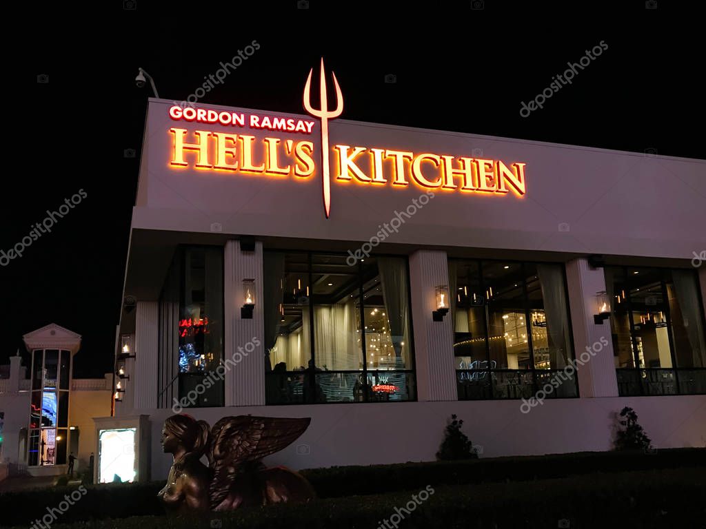 LAS VEGAS, NV, USA - FEBRUARY 2019: Illuminated sign above the Hell's Kitchen restaurant in the Caesars palace Hotel on Las Vegas Boulevard, which is also known as The Strip.