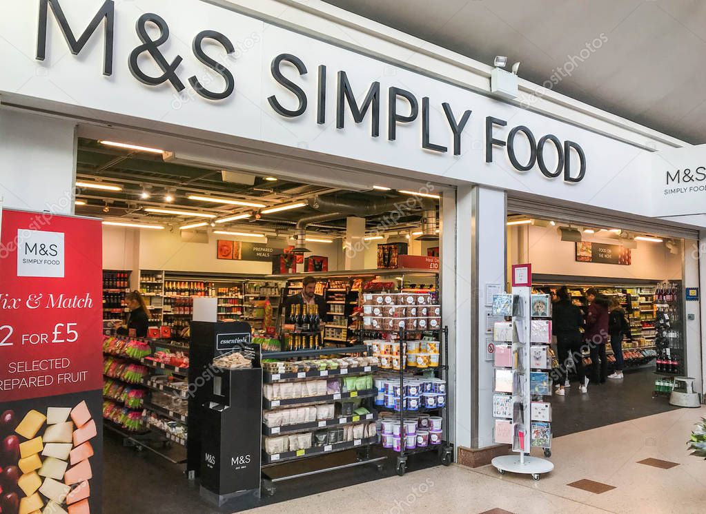 READING, ENGLAND - FEBRUARY 2019: Branch of Marks & Spencer Simply Food in the M4 Motorway service station in Reading.