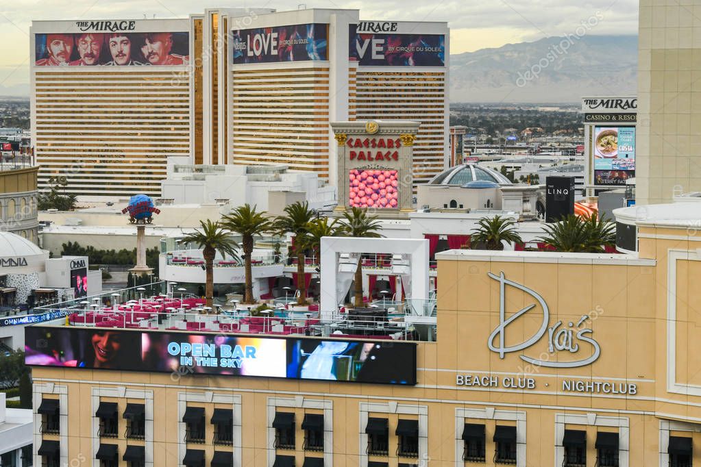 LAS VEGAS, NV, USA - FEBRUARY 2019: The rooftop area of the Drai's Nightclub and Beachclub on The Cromwell Hotel on the Las Vegas Strip.