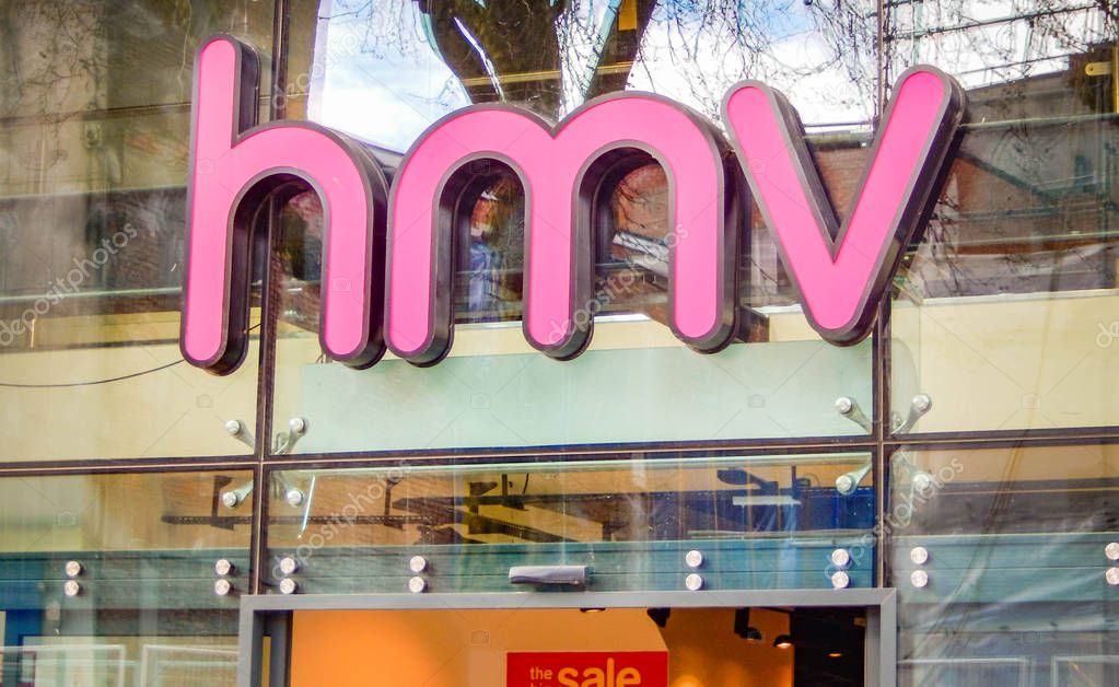 CARDIFF, WALES - MARCH 2019: Signs on the front of a branch of HMV in Cardiff city centre.