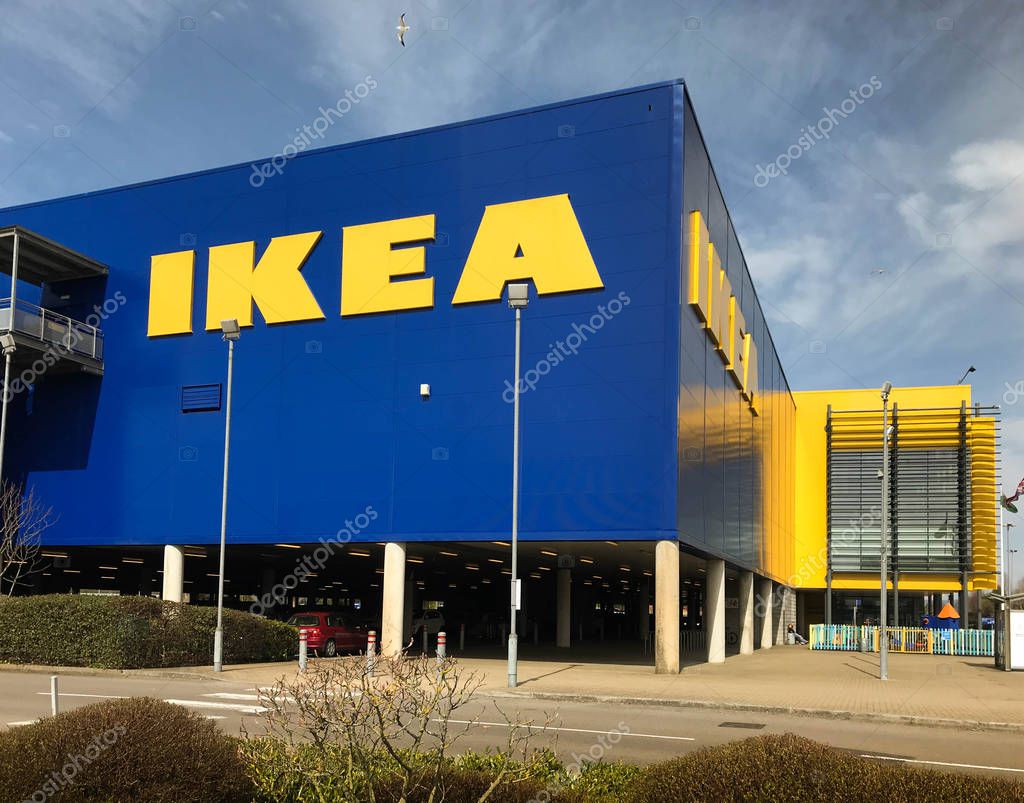 Large IKEA logo on the wide of the store in Cardiff, Wales