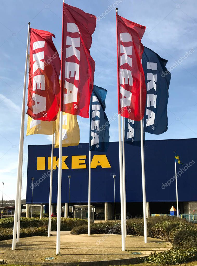 Flags outside the IKEA store in Cardiff, Wales