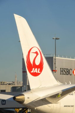 Londra Heathrow Havaalanı - Haziran 2018: Japan Airlines jetaf London Heathrow Airport'un kuyruğu. 