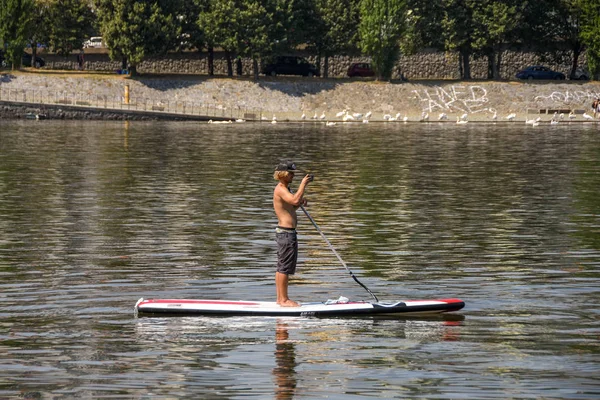布拉格 捷克共和国 2018年8月 在布拉格市中心的伏尔塔瓦河上划桨 — 图库照片
