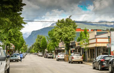 Revelstoke, British Columbia, Kanada - Haziran 2018: Revelstoke şehir merkezinde ağaçlarla çevrili bir sokakta dükkanlar.