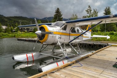 Whistler, BC, Kanada-Haziran 2018: Harbour Air tarafından işletilen de Havilland Beaver deniz uçağı, Whistler 'daki deniz uçağı terminaline bağladı.