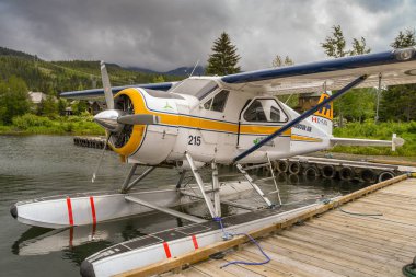 Whistler, BC, Kanada-Haziran 2018: Harbour Air tarafından işletilen de Havilland Beaver deniz uçağı, Whistler 'daki deniz uçağı terminaline bağladı.
