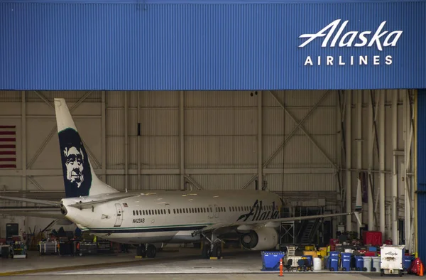 西雅图 华盛顿州 乌萨州 2018年6月 波音737喷气式飞机在西雅图塔科马机场的阿拉斯加航空公司维修吊架 — 图库照片