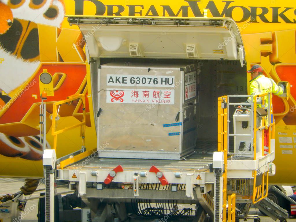 SEATTLE, WA JUNIO 2019 Paleta de carga aérea cargada en la bodega de