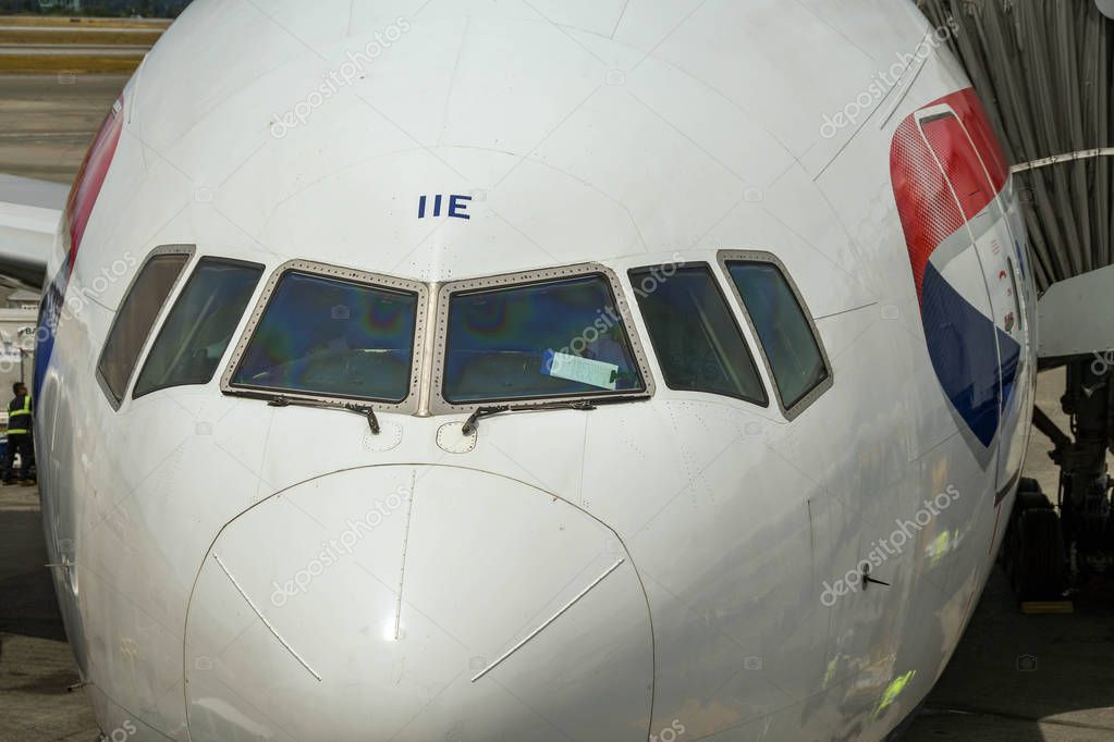 SEATTLE TACOMA AIRPORT, WA, USA - JUNE 2018: Close up of the nose of a British Airways Boeing 777 jet at Seattle Tacoma airport.