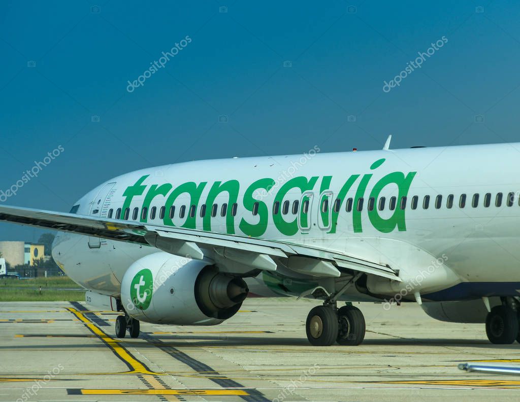 VERONA, ITALY - SEPTEMBER 2018: Transavia Boeing 737 taxiing for take off at Verona Airport