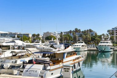 Cannes'da bir limanda demirlemiş tekneler,