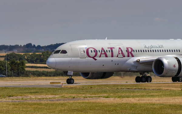 CARDIFF WALES AIRPORT, WALES - JULY 2018: Qatar Boeing 787 Dreamliner arriving at Cardiff Wales Airport from Doha