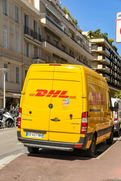 Cannes France April 2019 Dhl Delivery Van Parked Side Street — Stock Photo, Image