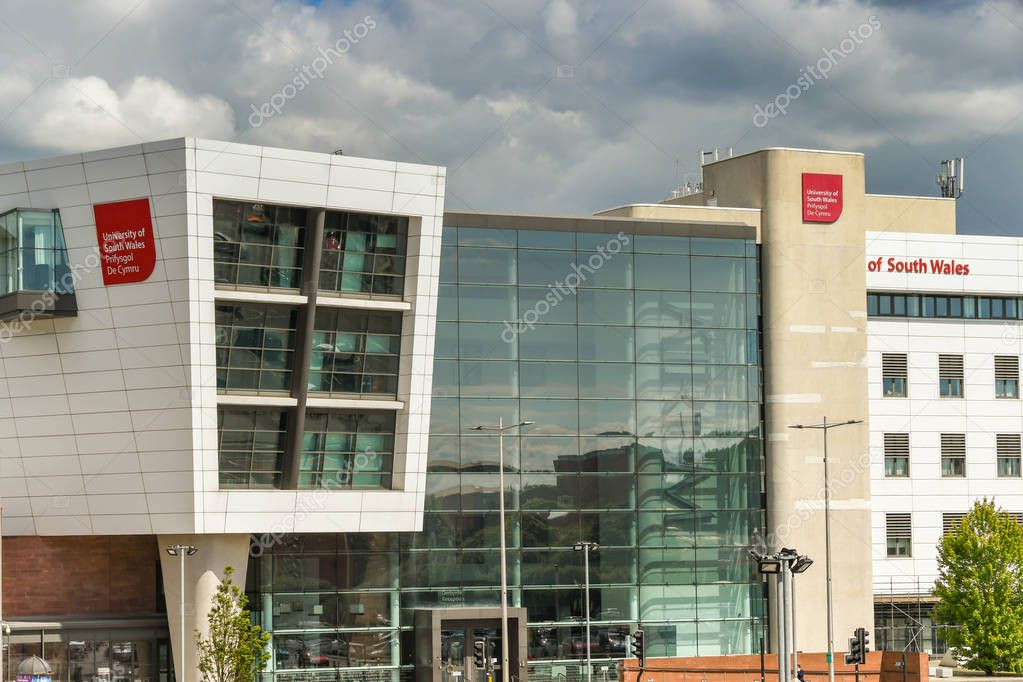 CARDIFF, WALES - JUNE 2019: Sign on the outside of the University of South Wales campus building in Cardiff city centre