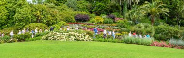 Tremezzo, Como Gölü, İtalya - Haziran 2019: Como Gölü'ndeki Tremezzo'daki Villa Carlotta'daki botanik bahçelerindeki çiçek gösterilerini izleyen ler.