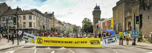 Cardiff Wales Julio 2019 Vista Panorámica Una Gran Pancarta Que —  Fotos de Stock