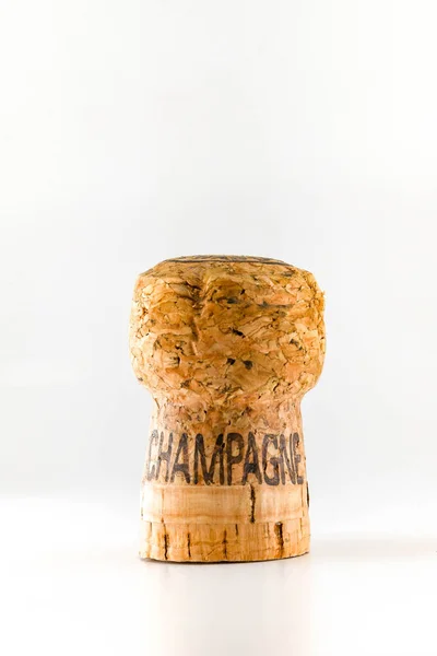 Закрыть Пробку Бутылки Шампанского Слово Шампанское Сожжено Пробке — стоковое фото