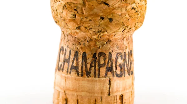 Zamknij Korek Butelki Szampana Napis Champagne Został Spalony Boku Korka — Zdjęcie stockowe