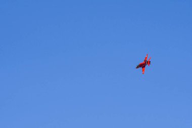 Cardiff, Galler - Temmuz 2018: Kraliyet Hava Kuvvetleri akrobasi takımının tek bir Bae Hawk jetleri The Red Arrows, mavi bir gökyüzüne karşı uçuşta sıkıca dönüyor