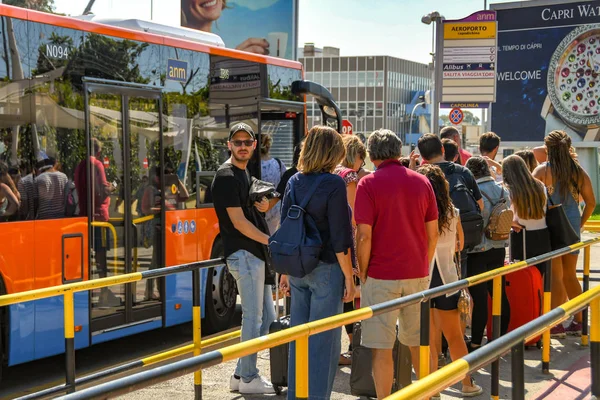 Naples Italy August 2019 People Queing Get Bus Naples Airport — стоковое фото