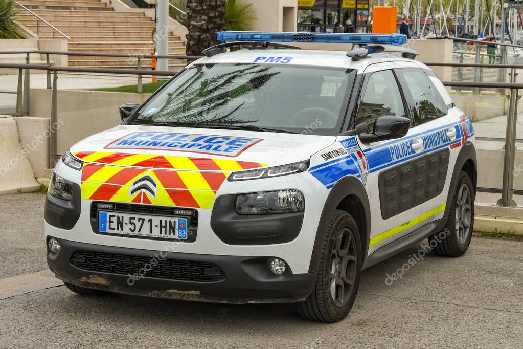 CANNES, FRANCE - APRIL 2019: Police patrol car parked in San Raphael on the French Riviera.