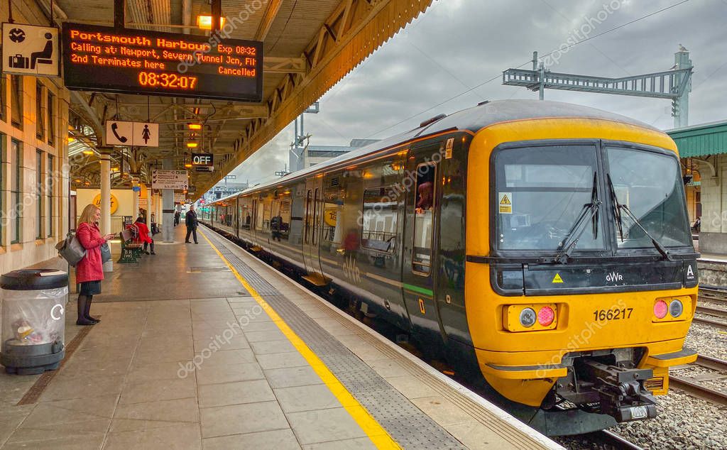 CARDIFF, WALES - SEPTEMBER 2019: Great Western Railway commuter train on Platform 2 at Cardiff Central railway station