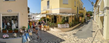 ANACAPRI, ISLE OF CAPRI, ITALY - AUGUST 2019: Panoramic view of narrow streets in the hilltop town of Anacapri on the Isle of Capri. clipart