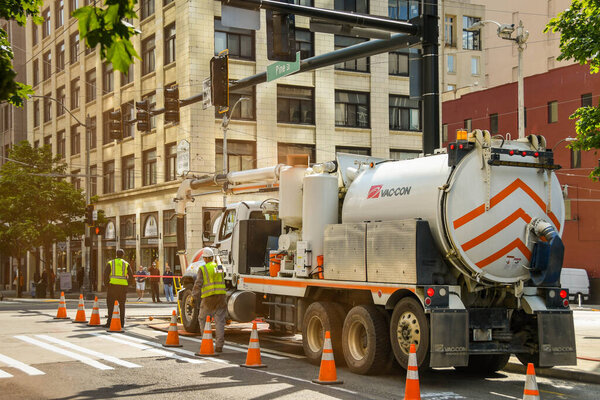 SEATTLE, WASHINGTON STATE, USA - JUNE 2018: Road works on a street in Seattle city centre.