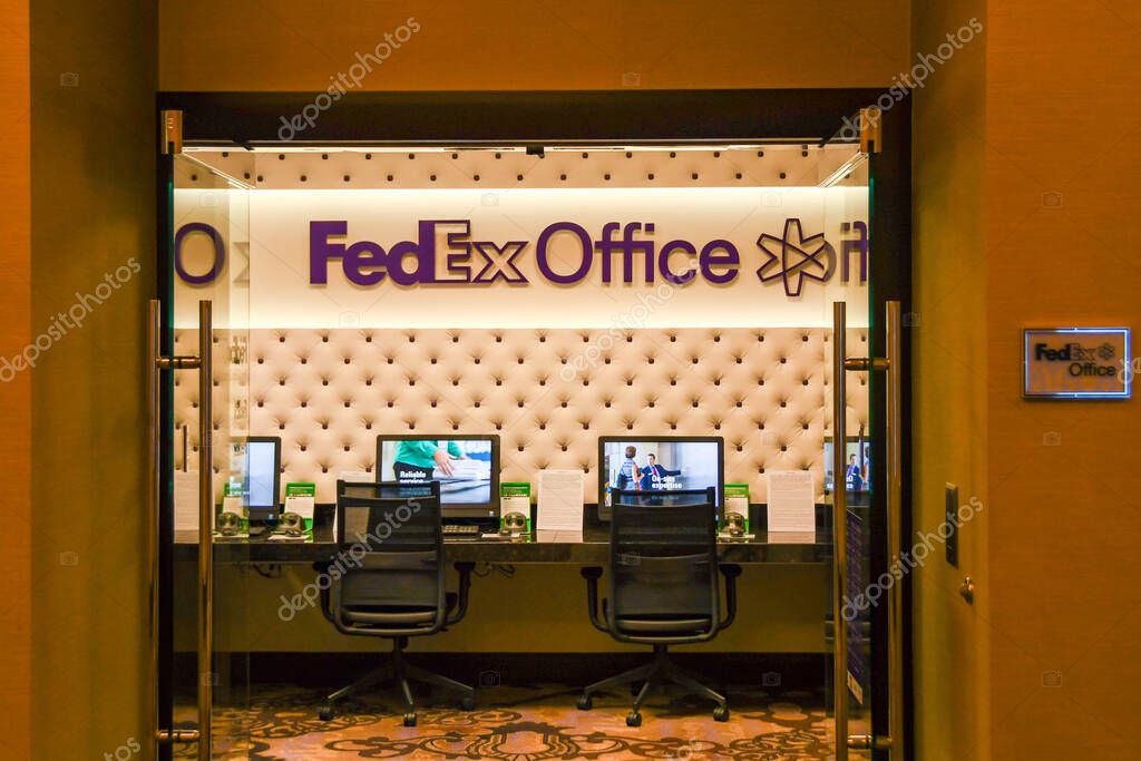 LAS VEGAS, NV, USA - FEBRUARY 2019: Entrance to the FedEx Office inside The Cosmopolitan Hotel on Las Vegas Boulevard.