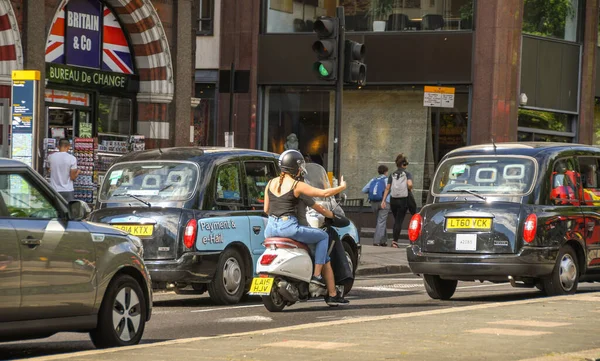 London England July 2018 Young Woman Riding Pillion Motor Scooter — Stock Photo, Image