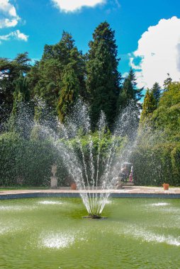 Arley, İngiltere - Ağustos 2016: Arley botanik bahçesindeki bir su özelliğinde çeşme suyu püskürtme